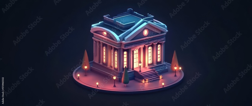 Poster low-poly 3d model of a classical building at night, illuminated.