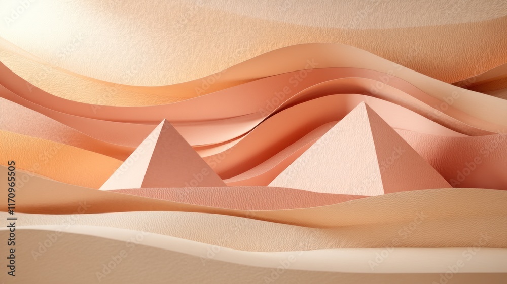 Poster Abstract 3D render of two pyramids on undulating peach and beige paper waves.
