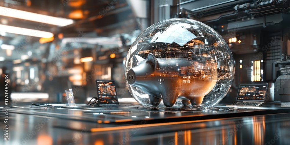 Poster Futuristic piggy bank inside a transparent sphere on a metallic surface in a high-tech environment.