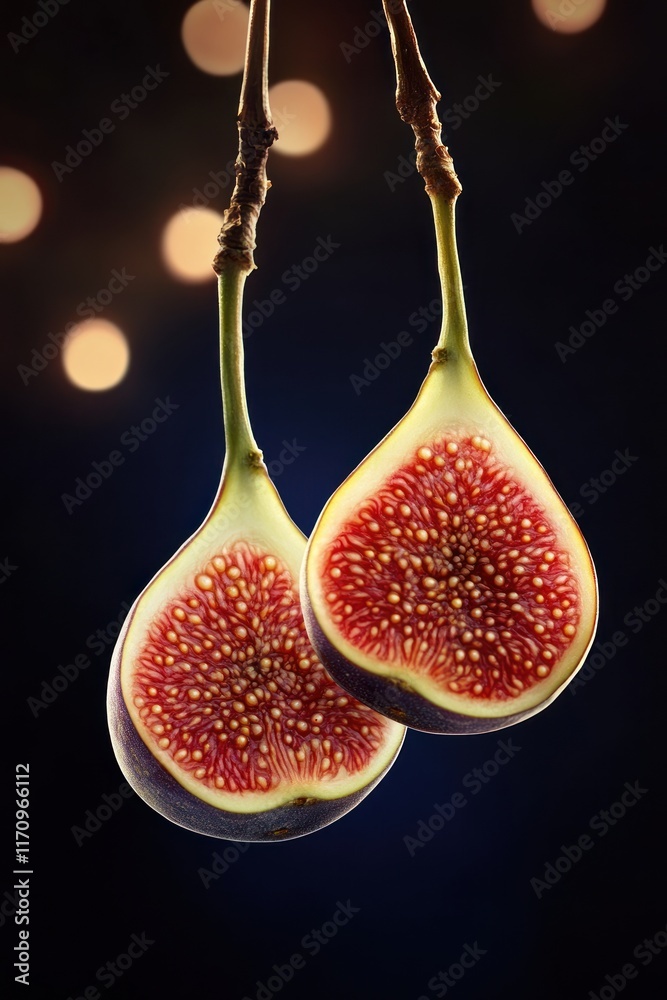 Poster two halved figs hanging against a dark background with bokeh lights.