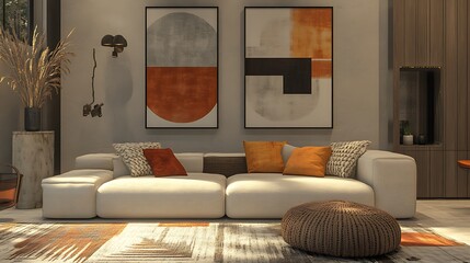3D rendering of a modern living room with a cozy sofa, abstract décor, and neutral tones.