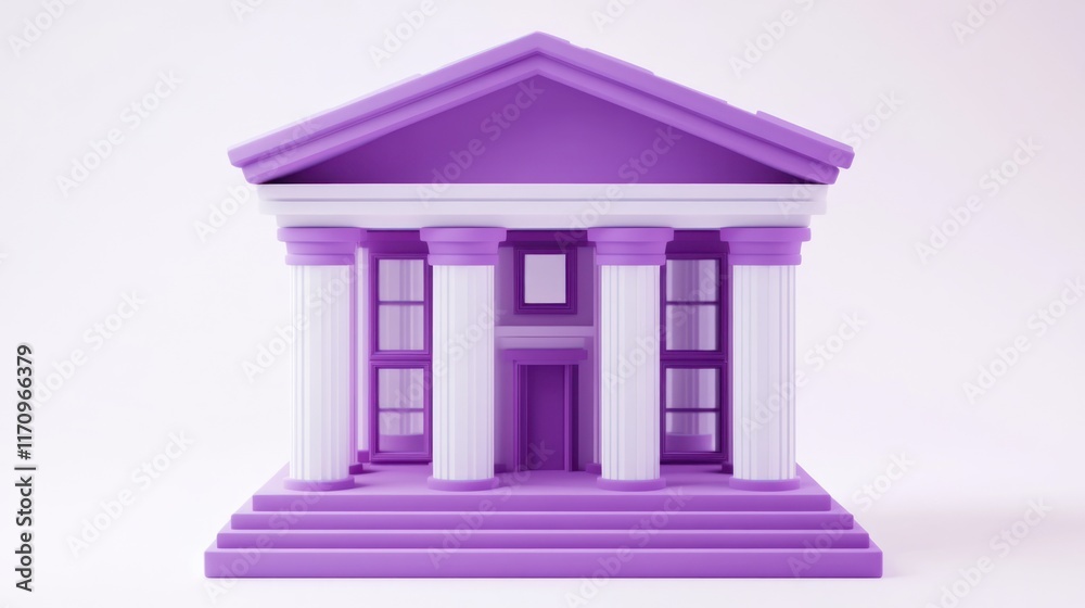 Poster Purple minimalist 3D model of a classical building with columns and steps.