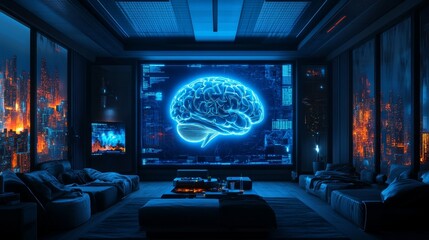 Naklejka premium Digital Brain in Modern Living Room Technology, Innovation, and the Future of Intelligence