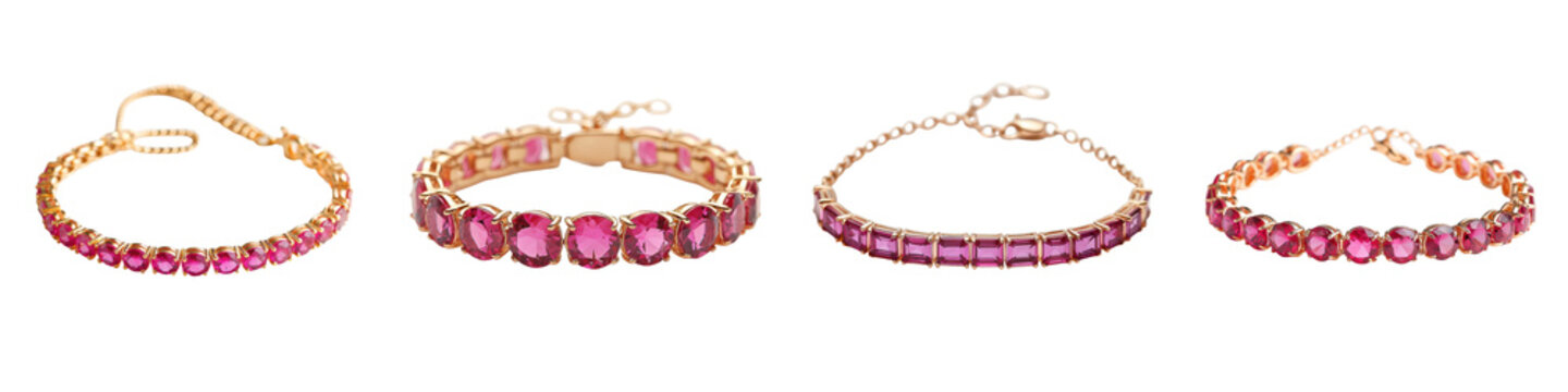 An assortment of luxurious ruby and golden bracelets arranged in a row showcasing the elegance and sparkle of high end jewelry accessories  These premium