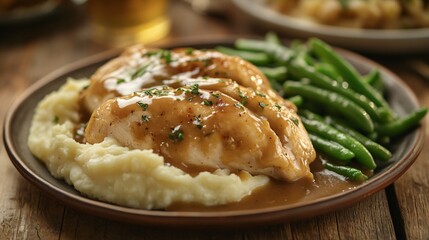 Comfort food like roasted chicken with gravy, isolated on a rustic wooden table with mashed potatoes and green beans