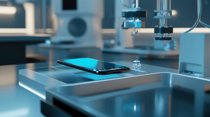 3D smartphone being tested for performance in lab setting, showcasing advanced technology and precision equipment. environment is sleek and modern, emphasizing innovation