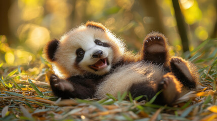 Fototapeta premium playful baby panda rolls joyfully in sunlit grass, surrounded by bamboo. Its fluffy fur and adorable expression capture moment of pure delight in nature