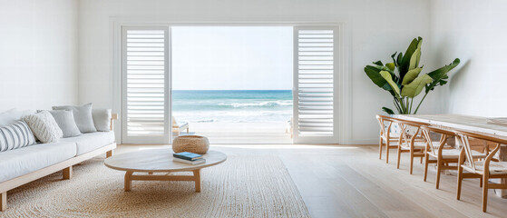 Fototapeta premium Interior open door, window landscape. Bright coastal living room with ocean view and modern furnishings.