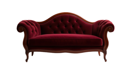 Elegant Victorian settee with intricate carvings and rich burgundy upholstery in a minimalist setting