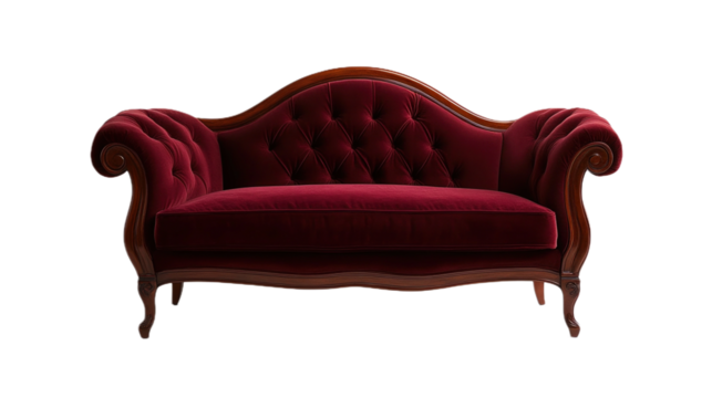 Elegant Victorian settee with intricate carvings and rich burgundy upholstery in a minimalist setting