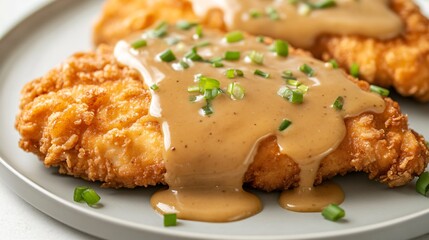 Crispy fried chicken topped with tangy gravy, isolated on a light gray plate with a sprinkle of chopped scallions