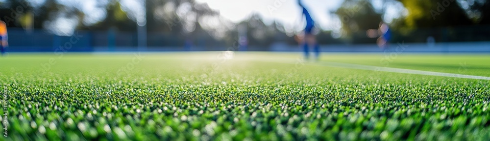 Poster close-up of artificial turf on a soccer field with blurred players in the background.