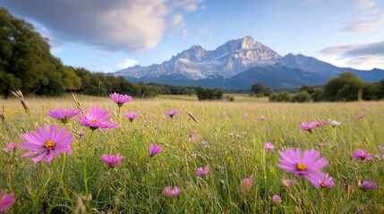 Obraz premium A field of purple flowers with a mountain in the background