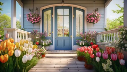 Naklejka premium house entrance with spring flowers 