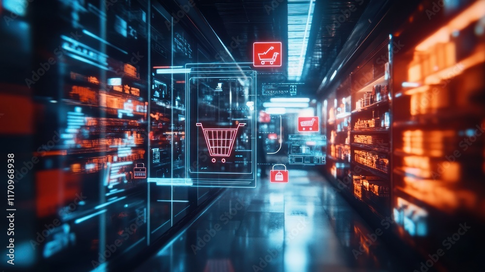 Poster futuristic digital shopping experience in a virtual supermarket aisle with holographic shopping cart