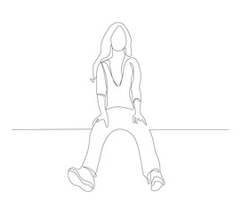 Girl Sitting High with Dangling Feet Minimalist Line Art Sketch. Minimalist black linear sketch isolated on white background. Vector illustration.