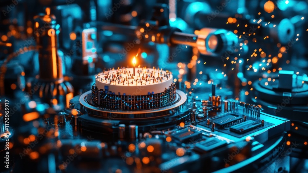 Aufkleber close-up of a lit candle on a circuit board, surrounded by intricate machinery and glowing particles