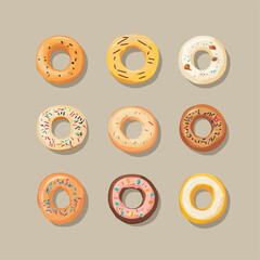 Fototapeta premium Nine donuts with different icing and sprinkles, arranged.