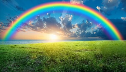 Naklejka premium rainbow over green field 