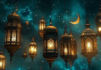 Obraz premium Ornate Lanterns Glow Brightly Against a Night Sky Background.