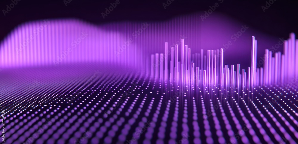 Poster abstract purple glowing data visualization, digital wave, futuristic technology background.