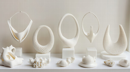 Elegant collection of 3D printed accessories displayed on white shelf, showcasing intricate designs and textures. white color enhances artistic appeal of each piece