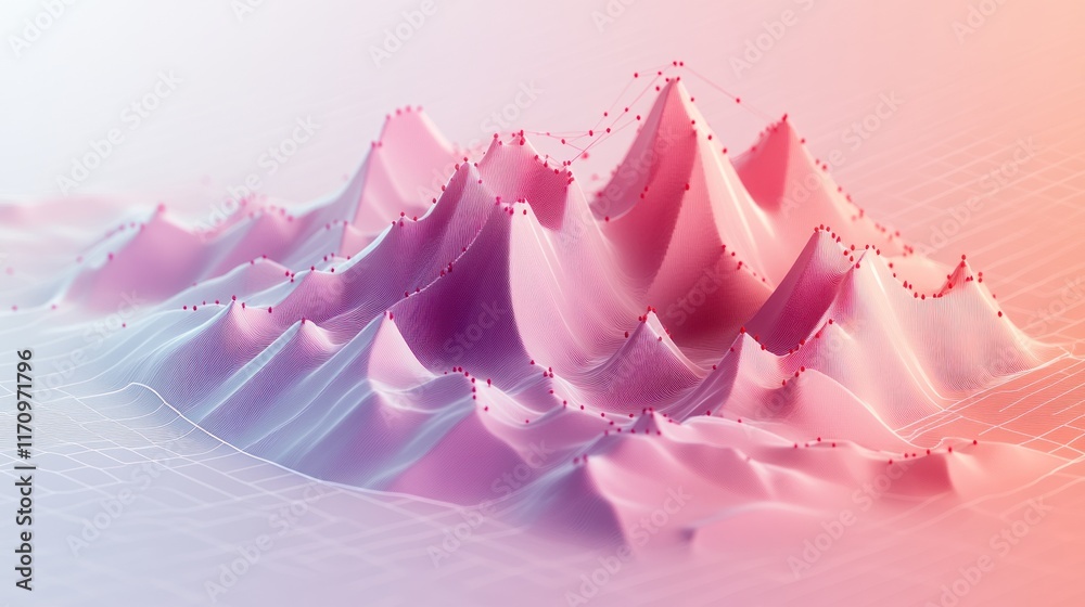 Aufkleber Abstract 3D rendering of pink and purple mountains with red dots, representing data visualization or growth.
