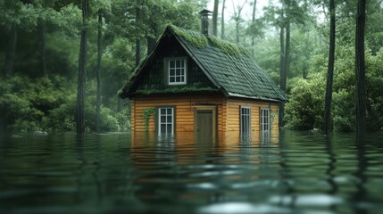 Fototapeta premium Flooded Cabin In A Lush Green Forest