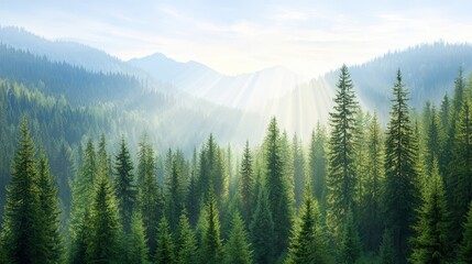 Obraz premium A forest filled with lots of tall pine trees in the middle of a mountain