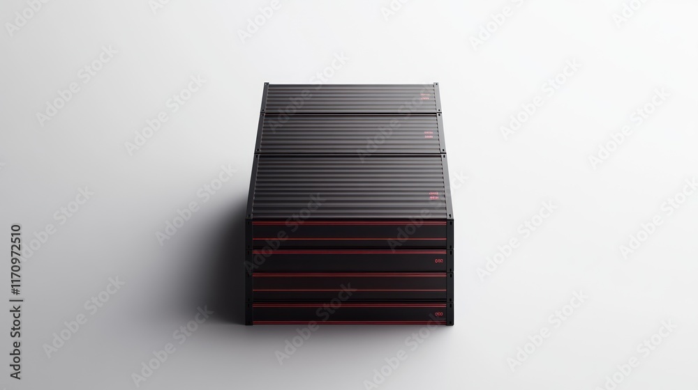 Poster Stack of dark rectangular containers with red accents on a white background.