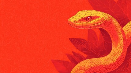 Obraz premium Chinese new year (Snake year) background. Vibrant illustration of a snake against a bold orange background with leaves.