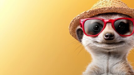 A meerkat wearing a straw hat and red sunglasses