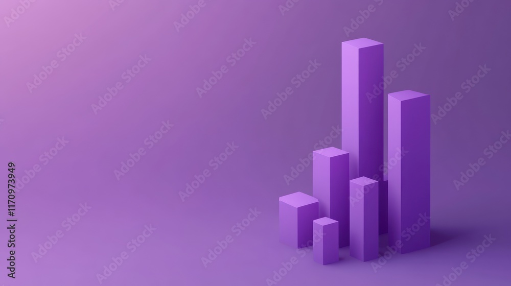 Poster purple 3d bar graph showing growth and progress on purple background.