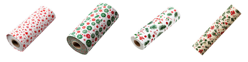 Assortment of festive floral botanical and winter themed patterned wrapping paper rolls in a variety of red green and classic Christmas color schemes  The patterns feature snowflakes berries leaves