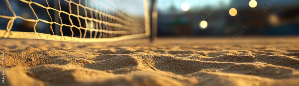 Poster close-up of beach sand with a blurred volleyball net in the background at sunset.
