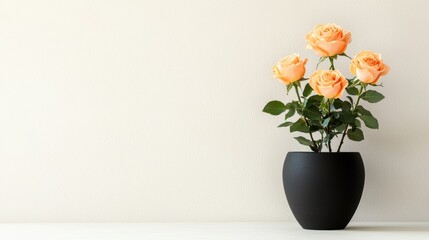Naklejka premium Peachcolored roses in black pot isolated on white background