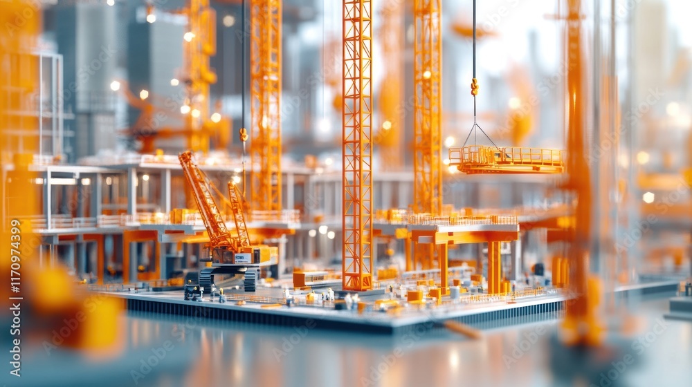 Aufkleber Miniature model of a large-scale construction site with multiple cranes and buildings under construction.