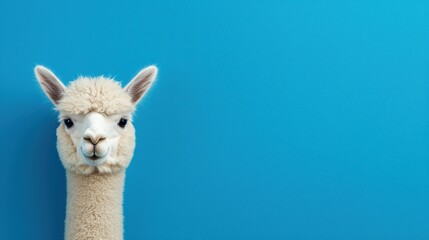 Funny happy alpaca portrait against vibrant blue background
