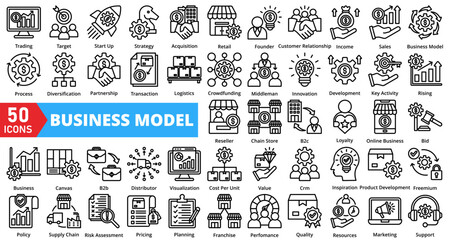Set of business model web icons in line style. Containing strategy, framework, innovation, structure, growth, planning, process, vision, design, system