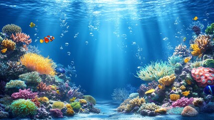 Obraz premium Vibrant Coral Reef Ecosystem Teeming with Colorful Marine Life, Bathed in Natural Sunlight