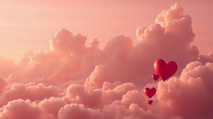 Horizontal banner with pink sky and paper cut clouds. Place for text. Happy Valentine's day sale header or voucher template with hearts.