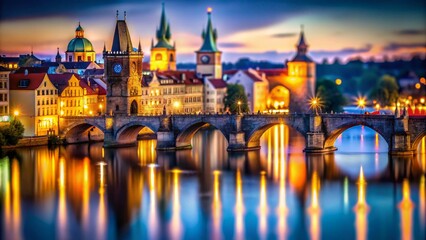 Fototapeta premium Magical Night in Prague: Charles Bridge Illuminated with Reflections, Tilt-Shift Photography