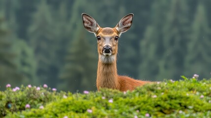 Fototapeta premium A deer standing in the middle of a lush green field