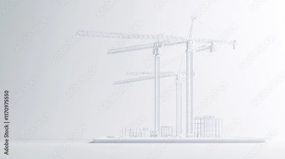 Poster wireframe model of construction cranes and buildings on a tablet.