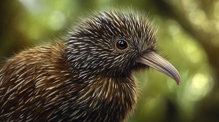 Fototapeta premium Close-up of a unique, spiky bird with a pointed beak, detailed plumage, and expressive eyes in a soft, out-of-focus jungle background..