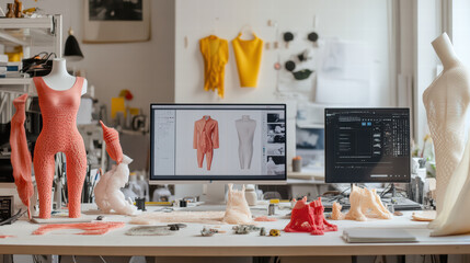 designer workspace showcasing 3D printed fashion pieces, vibrant colors, and digital design tools. creative environment inspires innovation and artistic expression