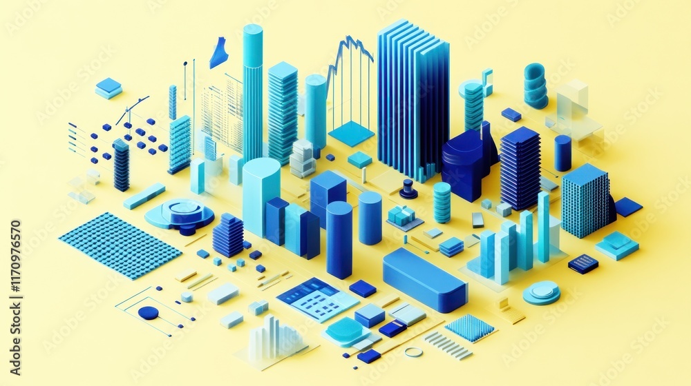 Poster abstract isometric city skyline composed of various blue geometric shapes and data visualization ele