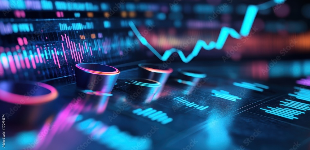 Poster Close-up of illuminated futuristic digital dashboard displaying stock market data and graphs.