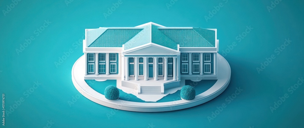 Aufkleber minimalist 3d model of a neoclassical building on a teal background.