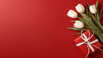 Obraz premium A red gift box with white tulips on a red background